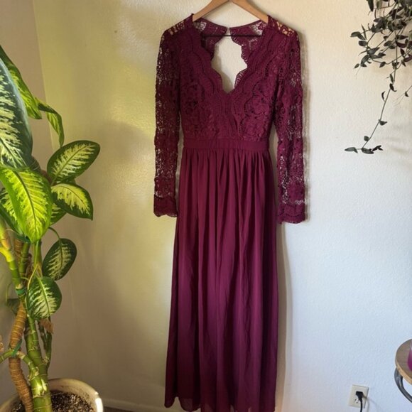 Lulus | Awaken My Love Burgundy Long Sleeve Lace Maxi Dress - Picture 2 of 7